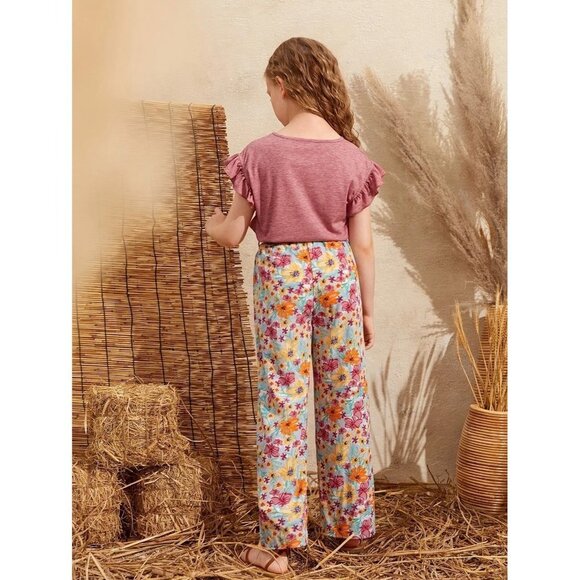 NEW SHEIN Girls Marled Ruffle Trim Tee & Floral Print Belted Pants Set Size 9Y - Picture 3 of 8